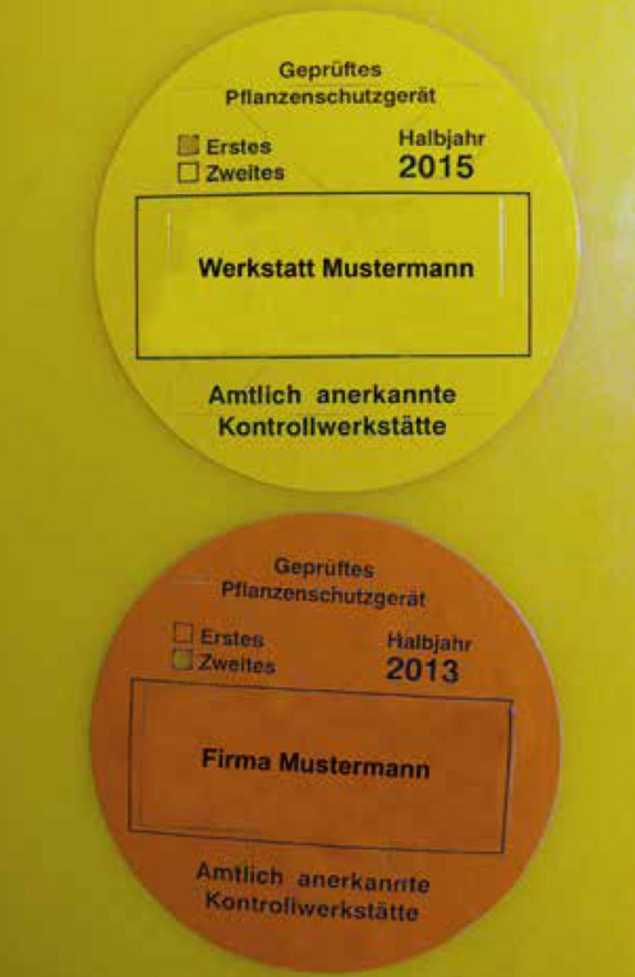 Example of inspection stickers on a field crop sprayer . Source: JKI