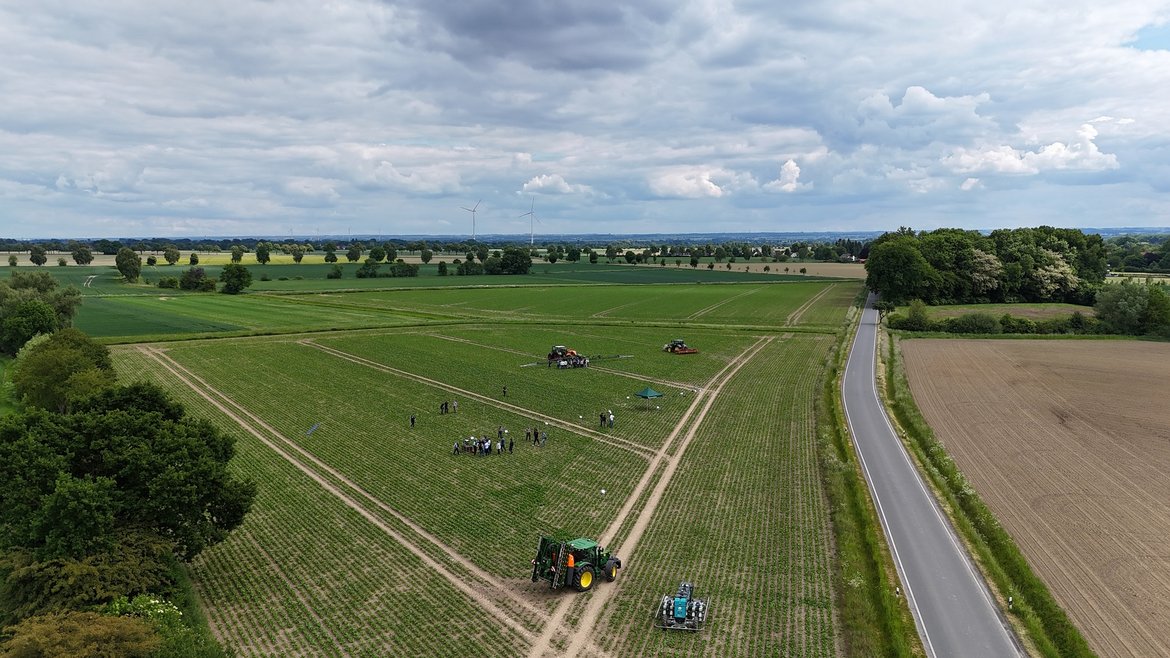Luftbild der Zuckerrübenfläche mit verschiedenen landwirtschaftlichen Maschienen