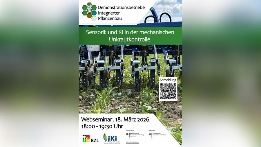 Poster zum BZL-Webseminar "Sensorik und KI in der mechanischen Unkrautkontrolle" mit QR-Code zur Anmeldung